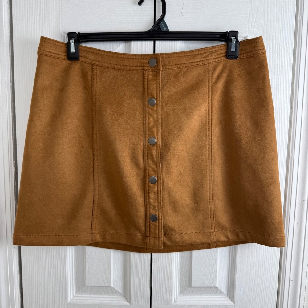No Boundaries Faux‎ Suede Mini Skirt XL 15-17 Tan Button Front 70s Retro Boho